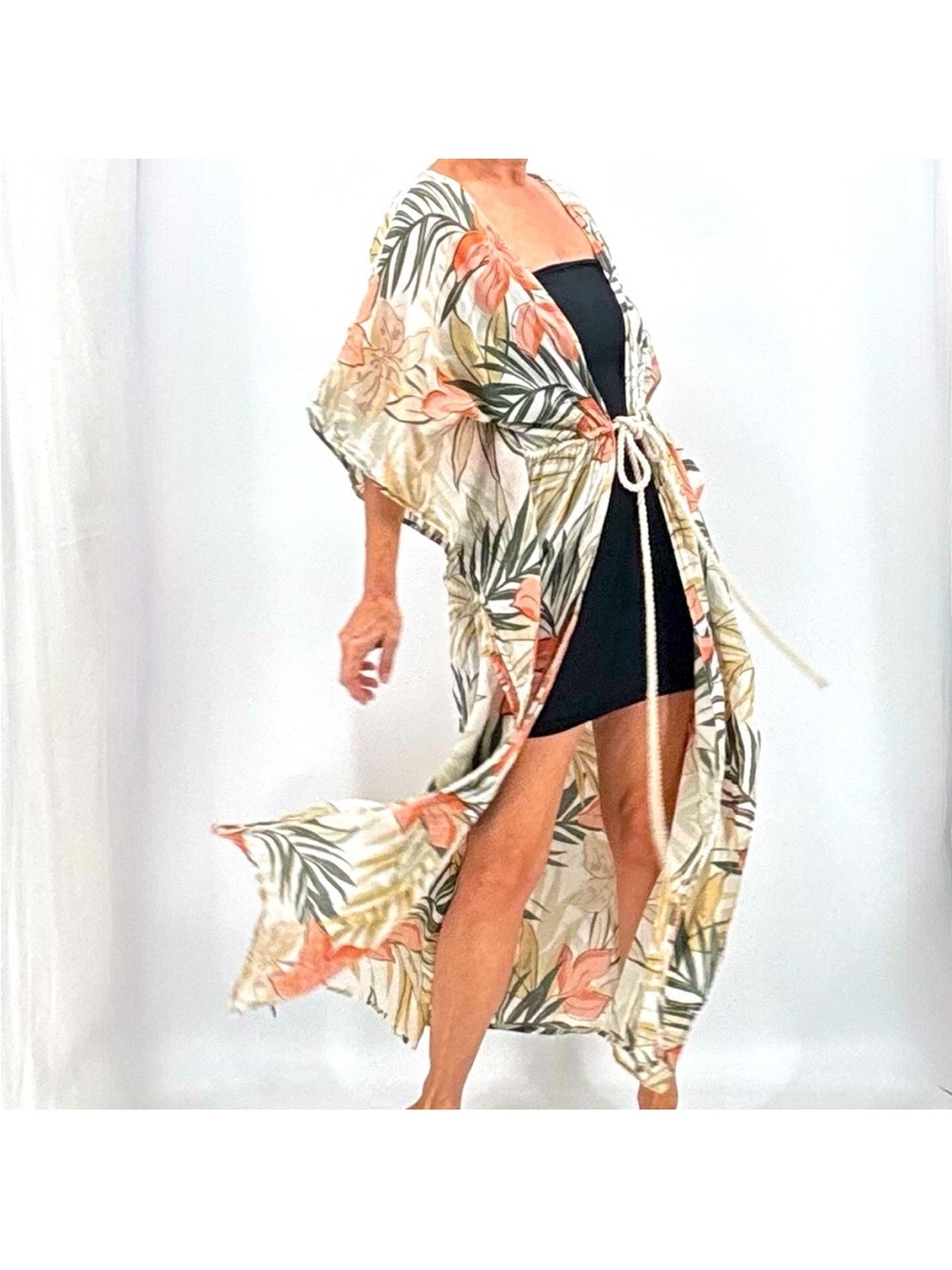 100% Cotton Women’s Cream Tropical Floral Kimono Cover-Up